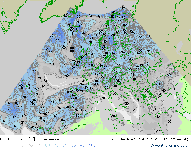 RH 850 hPa Arpege-eu Sáb 08.06.2024 12 UTC