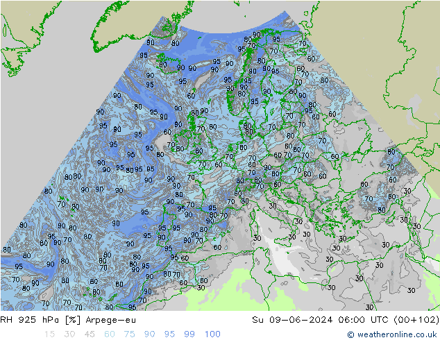 Humidité rel. 925 hPa Arpege-eu dim 09.06.2024 06 UTC