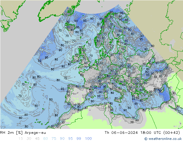 RH 2m Arpege-eu Th 06.06.2024 18 UTC