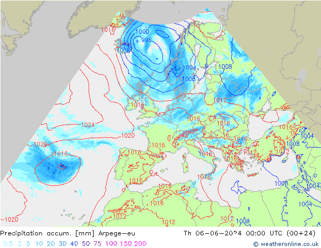 Totale neerslag Arpege-eu do 06.06.2024 00 UTC