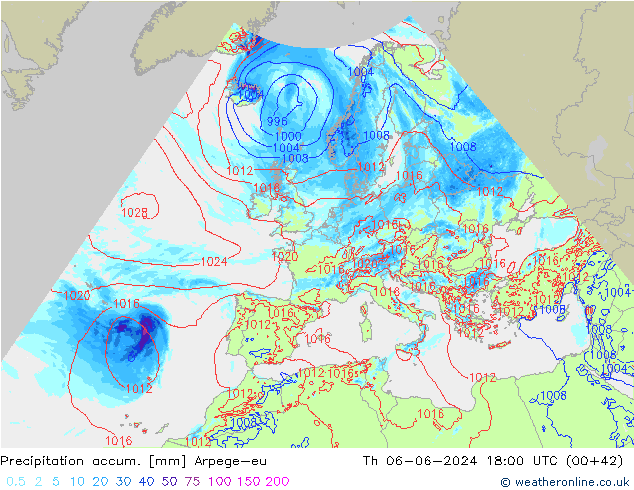 Precipitation accum. Arpege-eu Th 06.06.2024 18 UTC