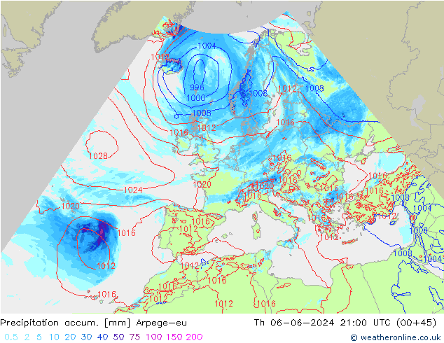 Precipitation accum. Arpege-eu Th 06.06.2024 21 UTC