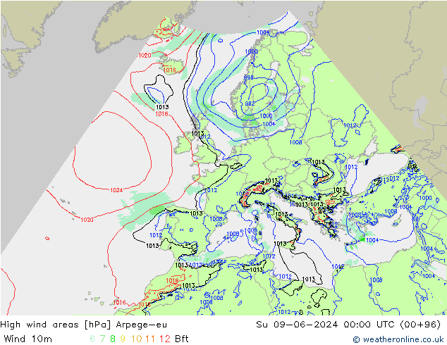 High wind areas Arpege-eu dom 09.06.2024 00 UTC