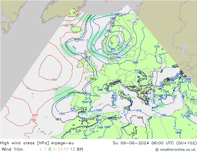 High wind areas Arpege-eu Ne 09.06.2024 06 UTC