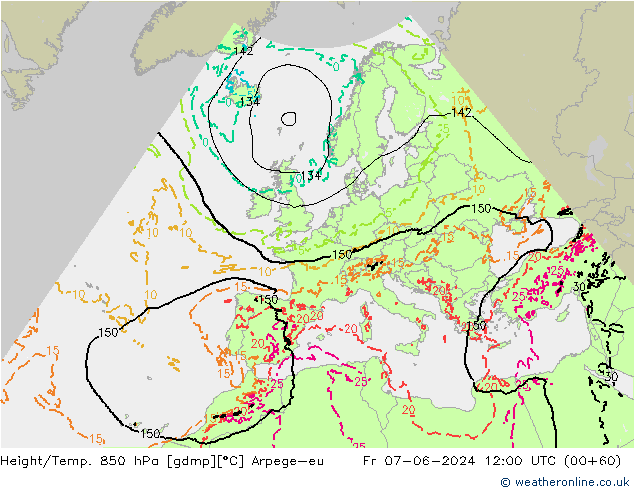 Hoogte/Temp. 850 hPa Arpege-eu vr 07.06.2024 12 UTC