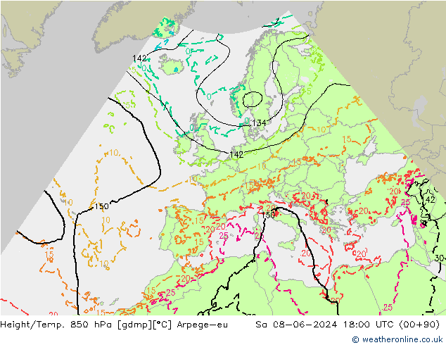 Height/Temp. 850 hPa Arpege-eu so. 08.06.2024 18 UTC