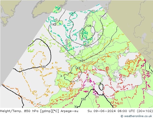 Height/Temp. 850 hPa Arpege-eu  09.06.2024 06 UTC