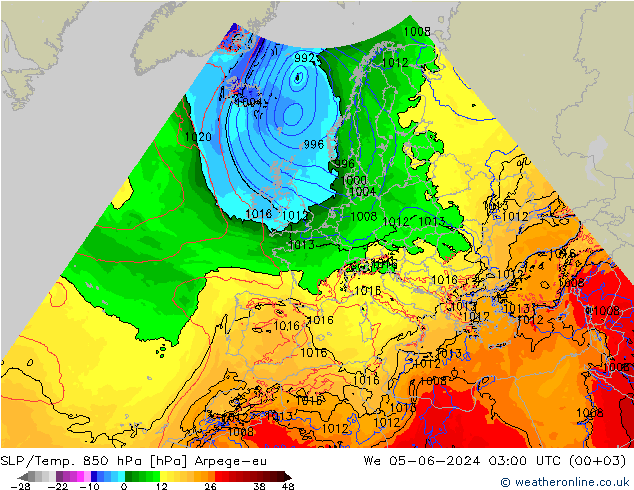 SLP/Temp. 850 hPa Arpege-eu mer 05.06.2024 03 UTC