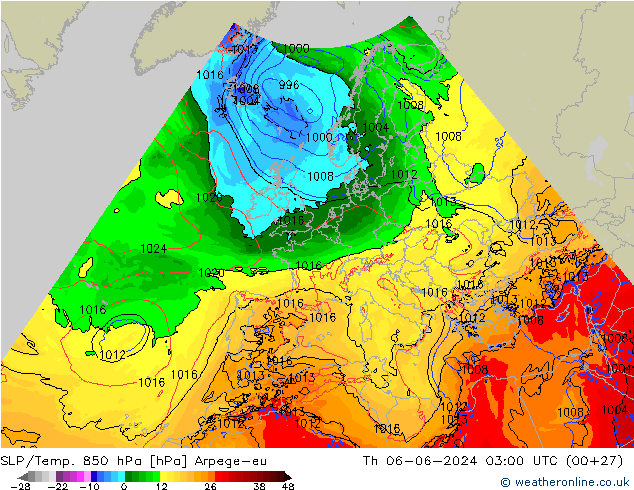 SLP/Temp. 850 hPa Arpege-eu Th 06.06.2024 03 UTC