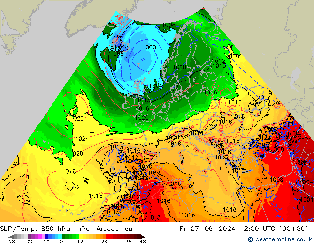 SLP/Temp. 850 hPa Arpege-eu Pá 07.06.2024 12 UTC