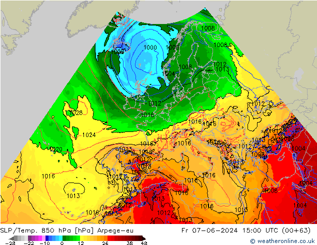 SLP/Temp. 850 hPa Arpege-eu Fr 07.06.2024 15 UTC