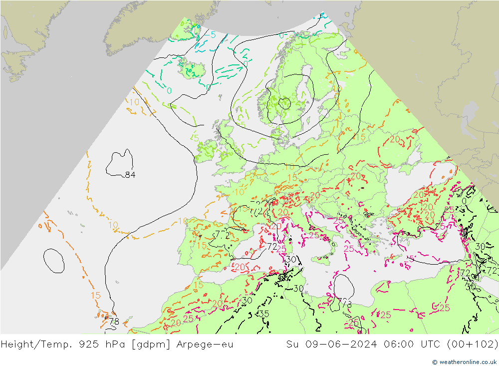 Height/Temp. 925 hPa Arpege-eu Su 09.06.2024 06 UTC