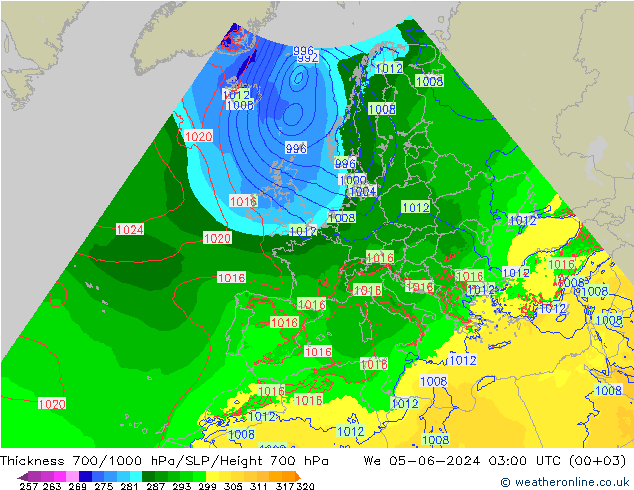 Thck 700-1000 hPa Arpege-eu St 05.06.2024 03 UTC