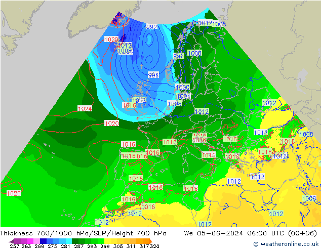 Thck 700-1000 hPa Arpege-eu  05.06.2024 06 UTC