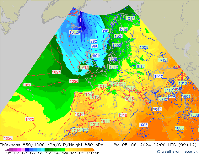 Espesor 850-1000 hPa Arpege-eu mié 05.06.2024 12 UTC