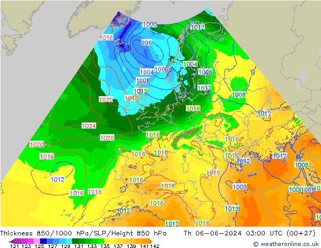 Espesor 850-1000 hPa Arpege-eu jue 06.06.2024 03 UTC