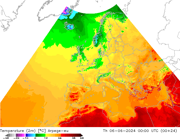 Temperature (2m) Arpege-eu Čt 06.06.2024 00 UTC