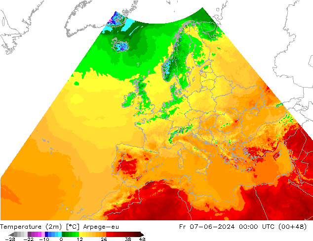 Temperatura (2m) Arpege-eu ven 07.06.2024 00 UTC