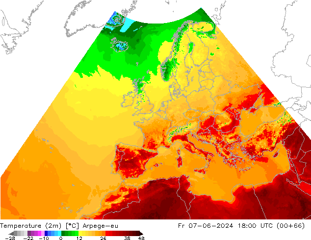 Temperatura (2m) Arpege-eu ven 07.06.2024 18 UTC