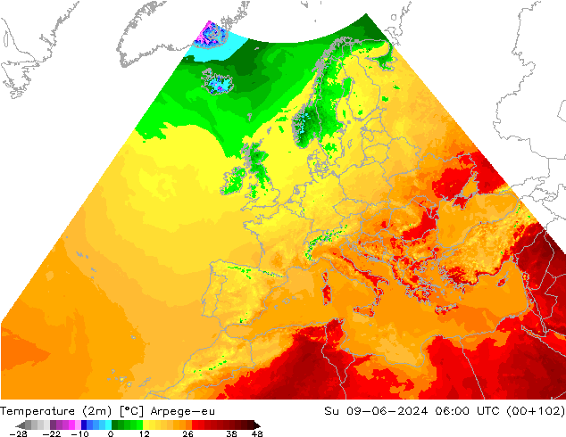 Temperatuurkaart (2m) Arpege-eu zo 09.06.2024 06 UTC