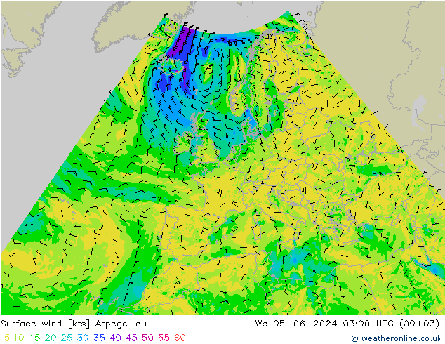 Surface wind Arpege-eu We 05.06.2024 03 UTC