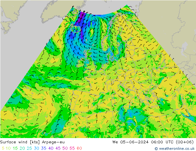 Surface wind Arpege-eu St 05.06.2024 06 UTC