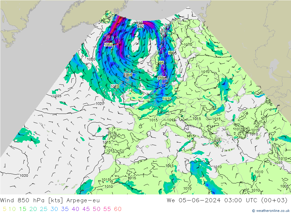 Wind 850 hPa Arpege-eu We 05.06.2024 03 UTC