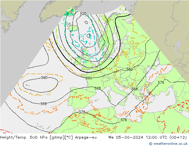 Hoogte/Temp. 500 hPa Arpege-eu wo 05.06.2024 12 UTC