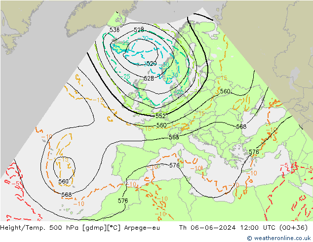 Hoogte/Temp. 500 hPa Arpege-eu do 06.06.2024 12 UTC
