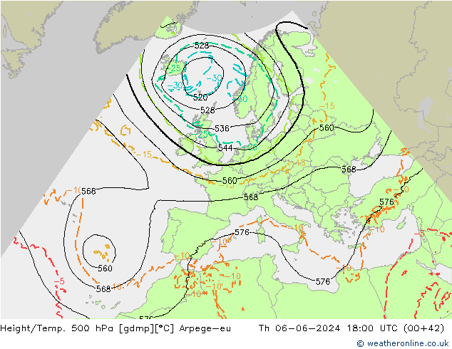 Geop./Temp. 500 hPa Arpege-eu jue 06.06.2024 18 UTC