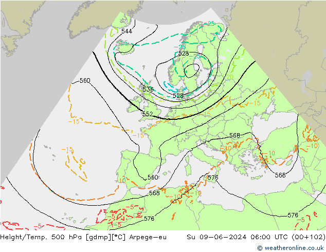 Height/Temp. 500 hPa Arpege-eu Su 09.06.2024 06 UTC