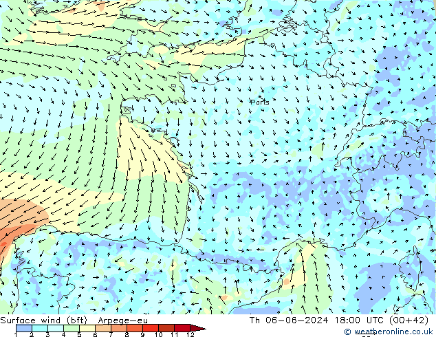 Vento 10 m (bft) Arpege-eu Qui 06.06.2024 18 UTC