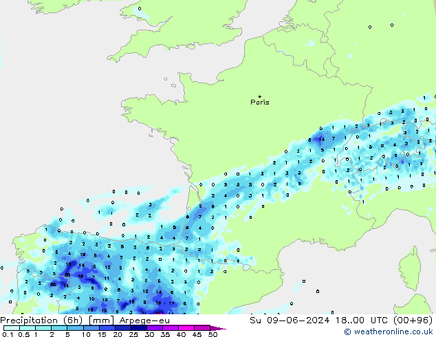 Precipitation (6h) Arpege-eu Ne 09.06.2024 00 UTC