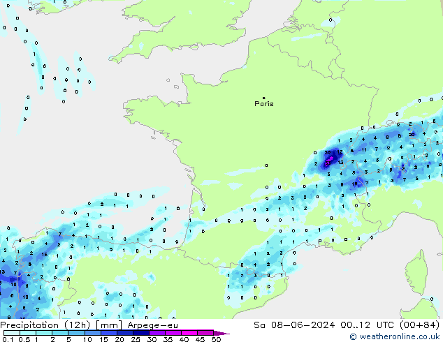 Precipitation (12h) Arpege-eu So 08.06.2024 12 UTC