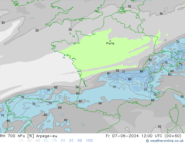 RH 700 hPa Arpege-eu Fr 07.06.2024 12 UTC