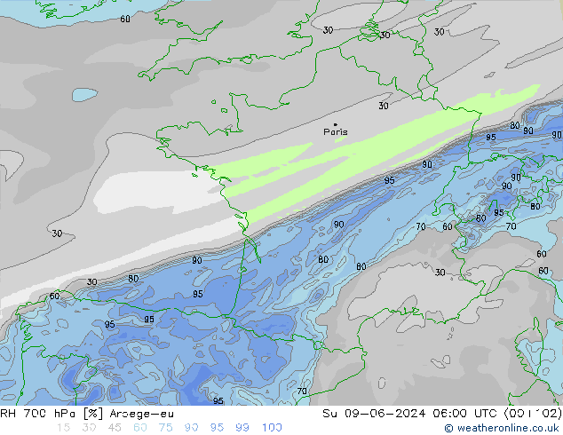 RH 700 hPa Arpege-eu Ne 09.06.2024 06 UTC