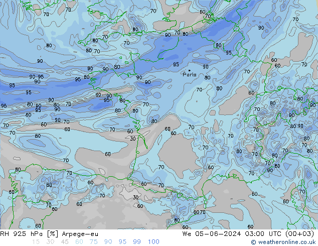 RH 925 hPa Arpege-eu Qua 05.06.2024 03 UTC