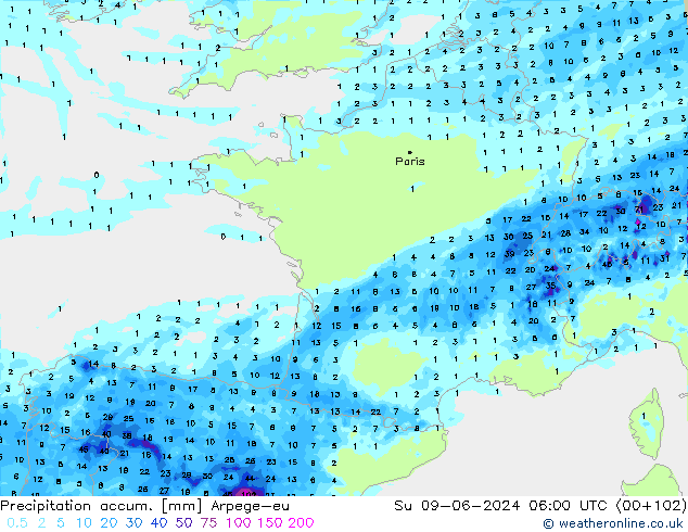 Precipitation accum. Arpege-eu Su 09.06.2024 06 UTC