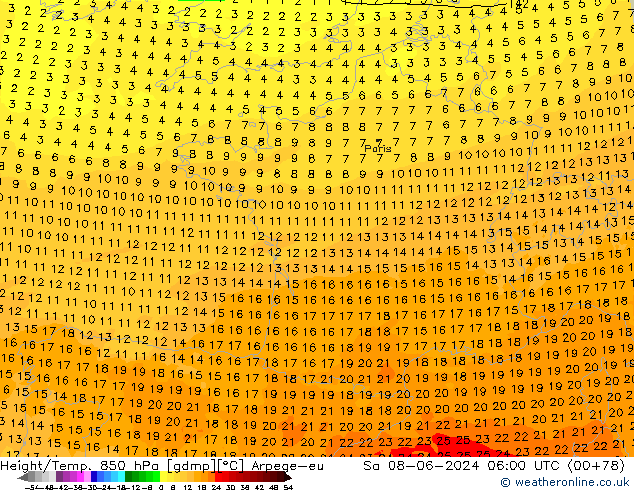 Height/Temp. 850 hPa Arpege-eu  08.06.2024 06 UTC