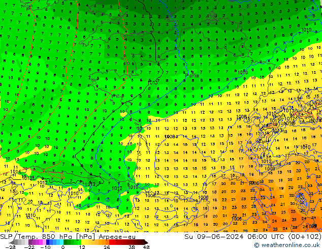 SLP/Temp. 850 hPa Arpege-eu Ne 09.06.2024 06 UTC