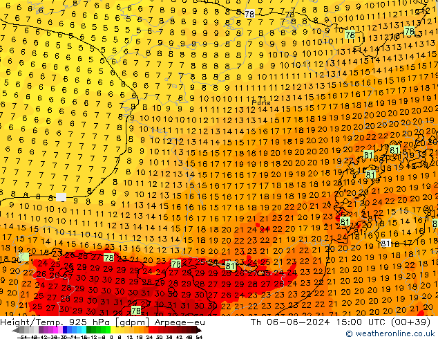 Yükseklik/Sıc. 925 hPa Arpege-eu Per 06.06.2024 15 UTC