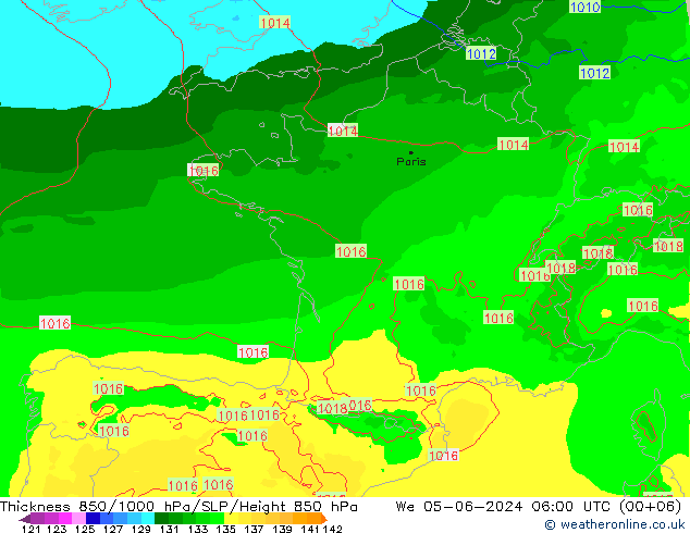 Schichtdicke 850-1000 hPa Arpege-eu Mi 05.06.2024 06 UTC