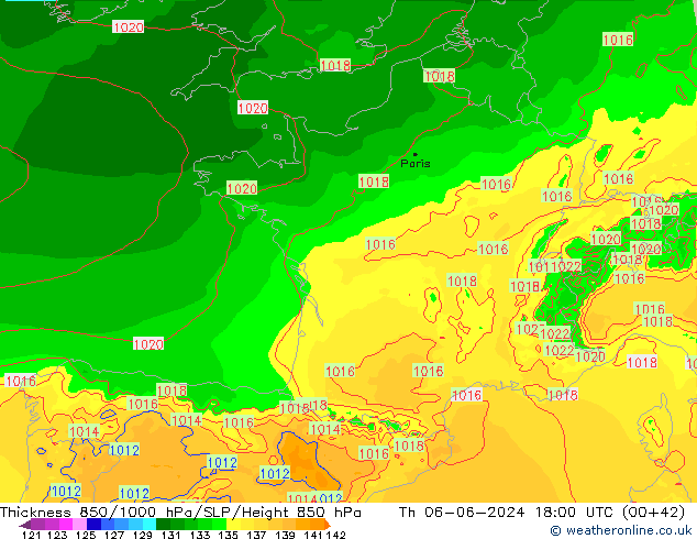 Thck 850-1000 hPa Arpege-eu Qui 06.06.2024 18 UTC