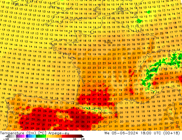 température (2m) Arpege-eu mer 05.06.2024 18 UTC