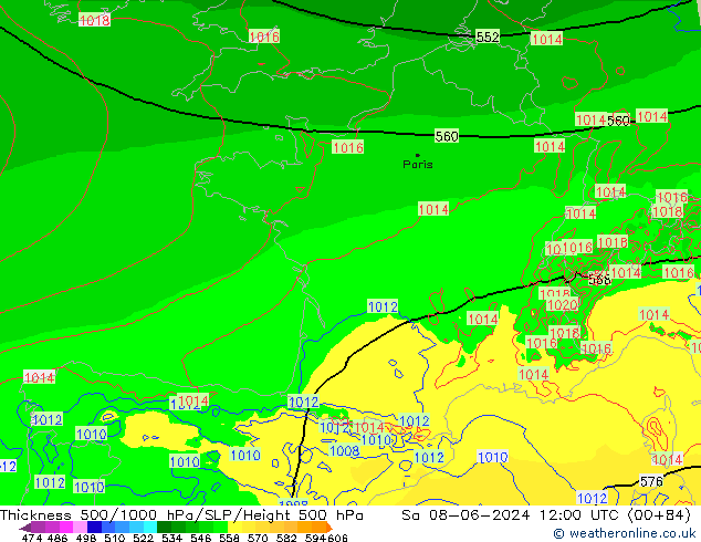 Espesor 500-1000 hPa Arpege-eu sáb 08.06.2024 12 UTC