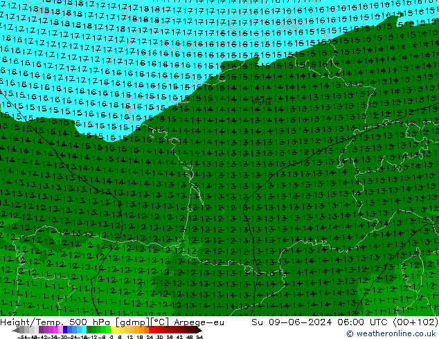 Height/Temp. 500 hPa Arpege-eu So 09.06.2024 06 UTC