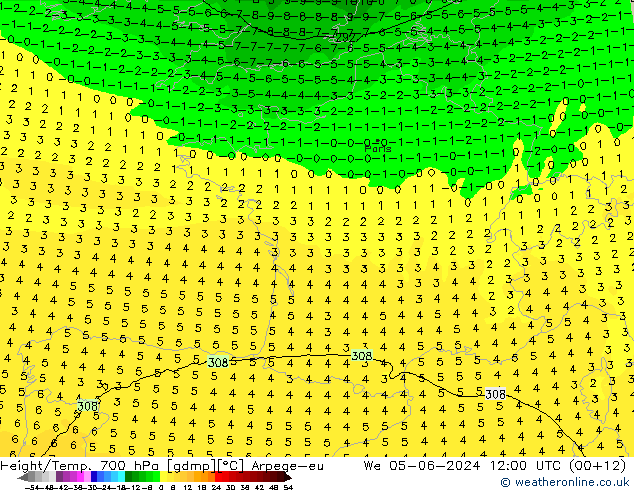 Height/Temp. 700 hPa Arpege-eu We 05.06.2024 12 UTC