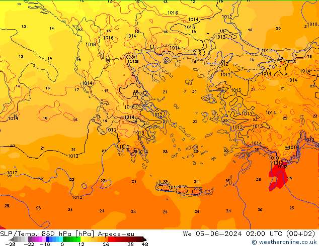 SLP/Temp. 850 hPa Arpege-eu śro. 05.06.2024 02 UTC