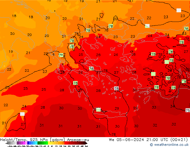 Height/Temp. 925 hPa Arpege-eu We 05.06.2024 21 UTC