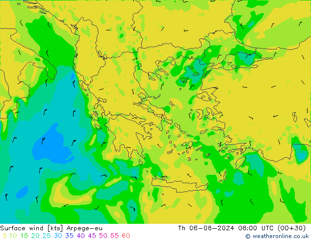 Surface wind Arpege-eu Th 06.06.2024 06 UTC